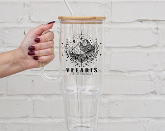 ACOTAR 40 oz Glass Cup with Lid and Straw, Velaris City Of Starlight Iced Coffee Cup, To The Stars Glass Tumbler, Night Court Gift Merch