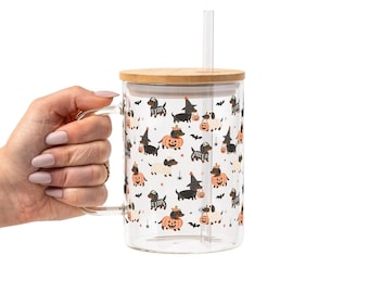 Spooky Dachshunds Halloween 17oz Glass Mug, Wiener Dog Mom Gift, Cute Halloween Iced Coffee Cup, Dog Lover Drinkware