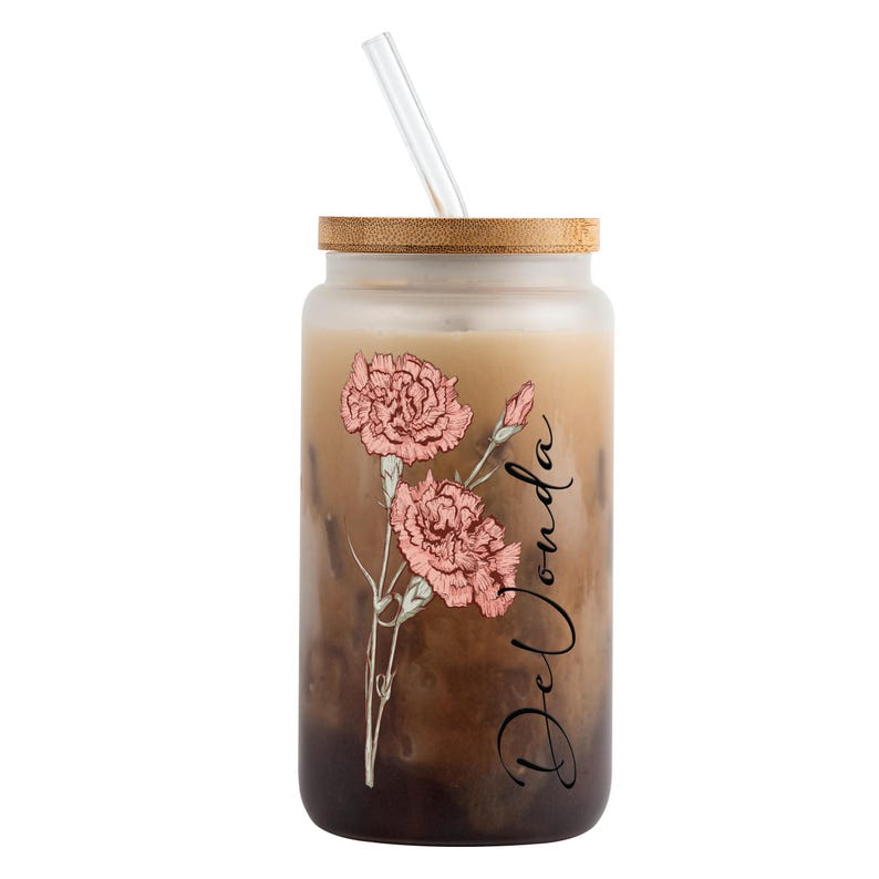 Birth Flower Personalized Tumbler with Lid and Straw, January carnation colour birth flower, personalized with a name, 16oz frosted glass can cup option