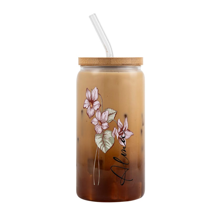 Birth Flower Personalized Tumbler with Lid and Straw, February violet colour birth flower, personalized with a name, 16oz clear glass can cup option