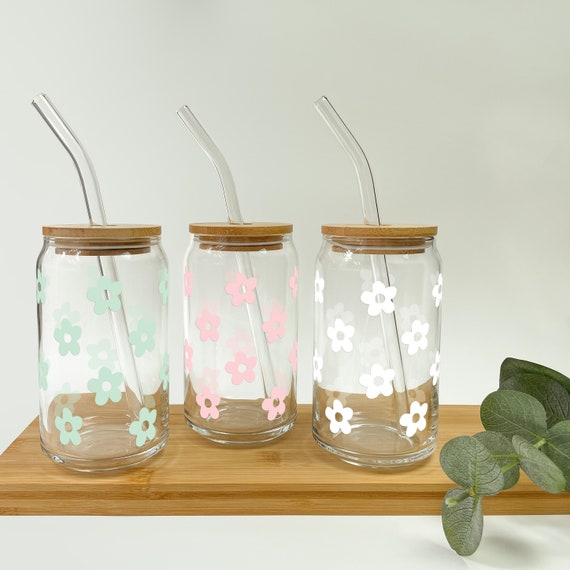 Personalized Daisy Iced Coffee Cup with Lid & Straw, USA Made Glass Tumbler