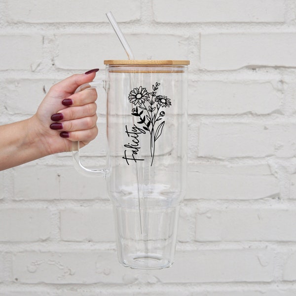 Personalized Birth Flower 40oz Tumbler Cup Name, Custom Can Glass with Lid and Straw Bridesmaid Gift 40 oz Glass Cup, Bridesmaid Proposal