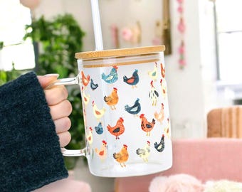 Farm Themed Gift for Chicken Mom, Glass Iced Coffee Cup