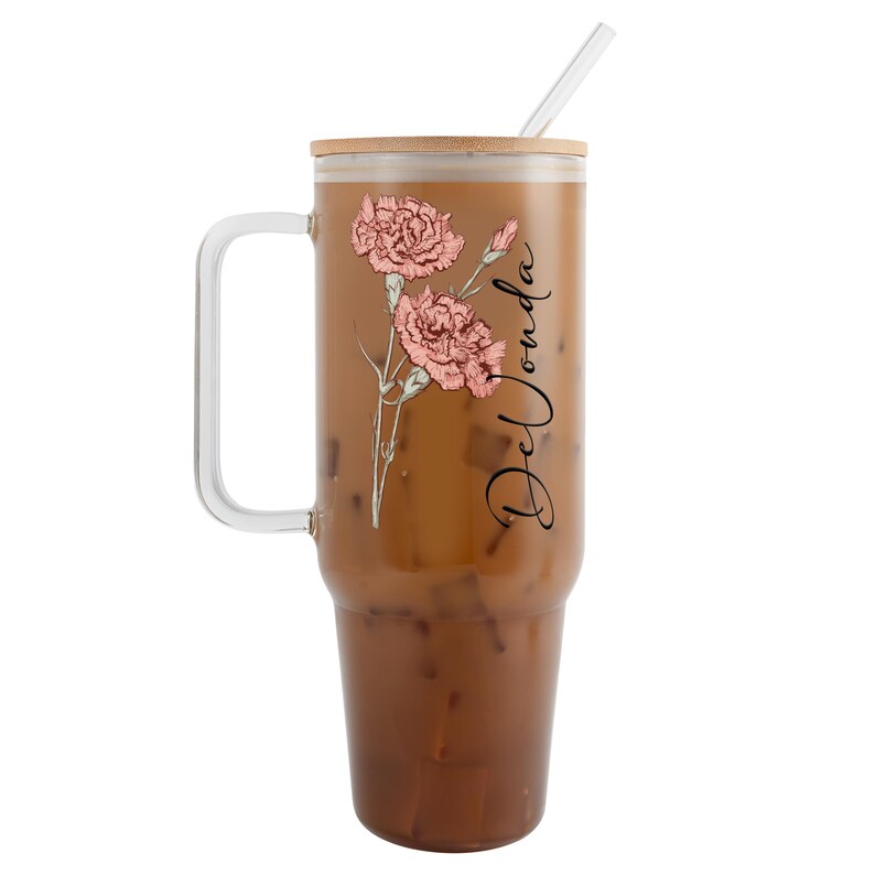 Birth Flower Personalized Tumbler with Lid and Straw, January carnation colour birth flower, personalized with a name, 40oz glass tumbler with handle