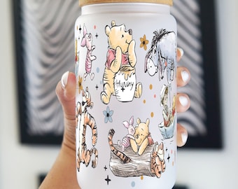 Winnie Pooh Bear Glass Cup With Lid And Straw, Eeyore Tigger Piglet WinnieIced Coffee Cup, Pooh And Friends Glass Tumbler Gift Best Friend