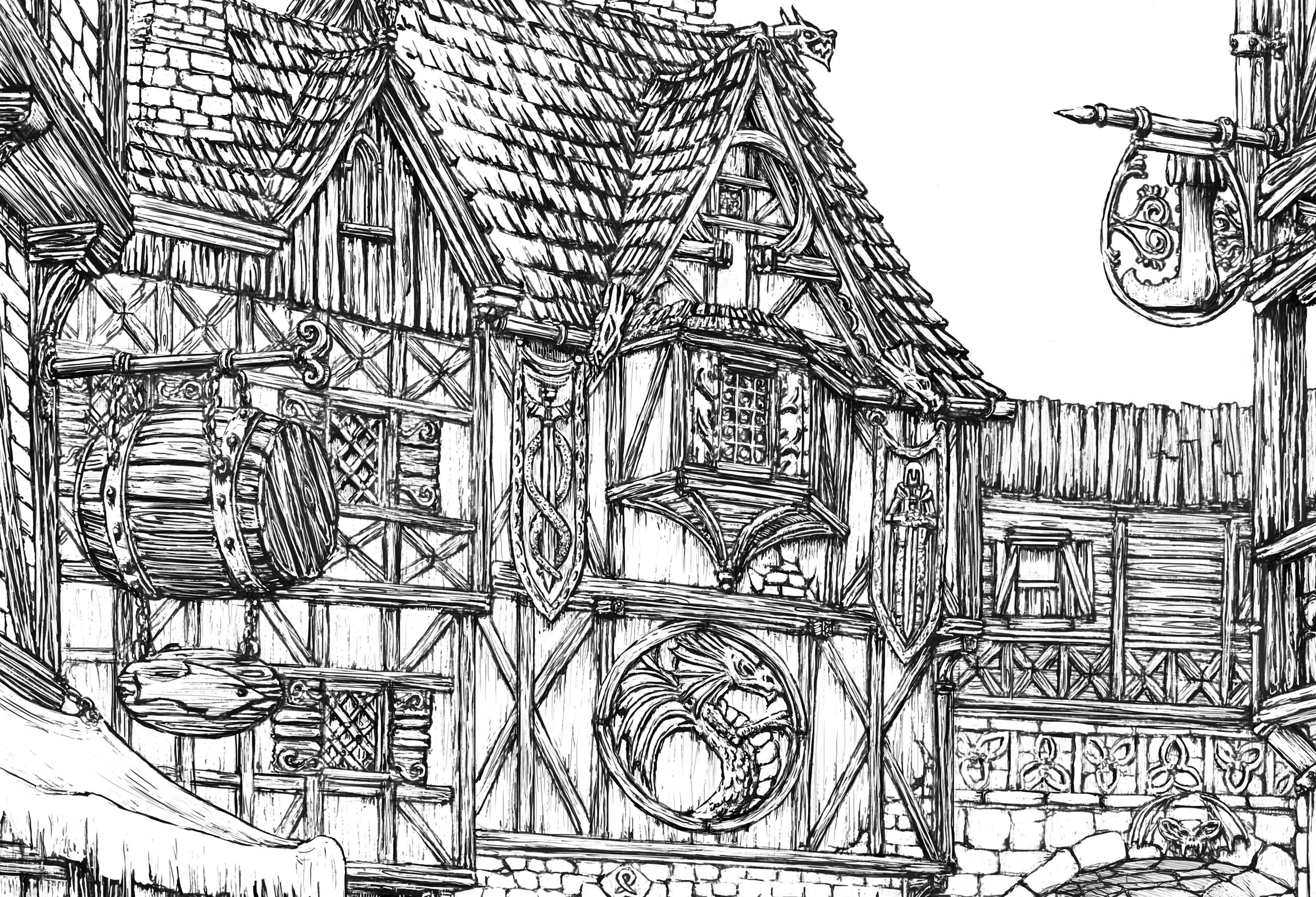 MEDIEVAL TOWN A3 Size Printable Coloring Page With a - Etsy