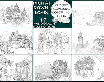 PRINTABLE COLORING BOOK in pdf "Vintage Sceneries" digital download - hand-drawn illustrations in an old-school / vintage style