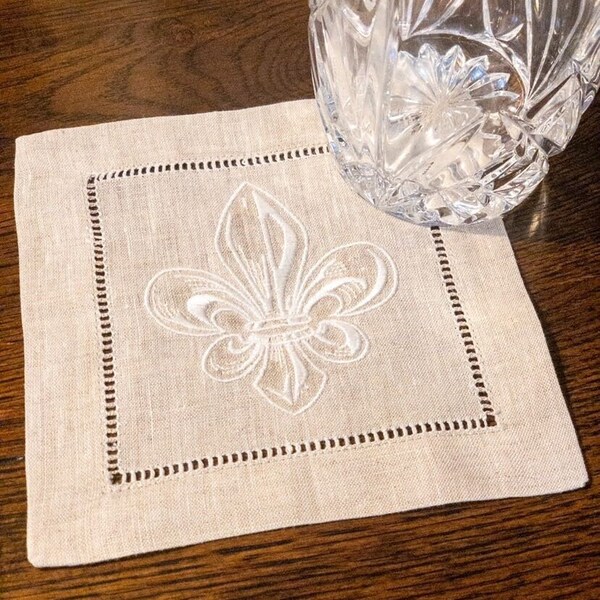 Fleur De Lis Linen Cocktail Napkin | Set of 4 | Wedding Gift | Hostess Gift