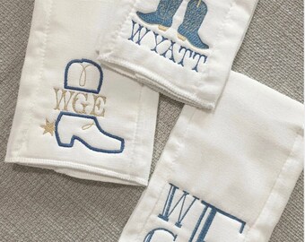 Personalized Embroidered Burp Cloth Set of 3 | Cowboy Boots | Monogrammed | Baby Gift | Baby Boy