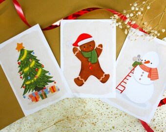 Lot de 3 carte postales Noël | A6 | Carte de voeux Nouvel An | Décoration murale | Cadeau | Papeterie de noël | Impression d’art