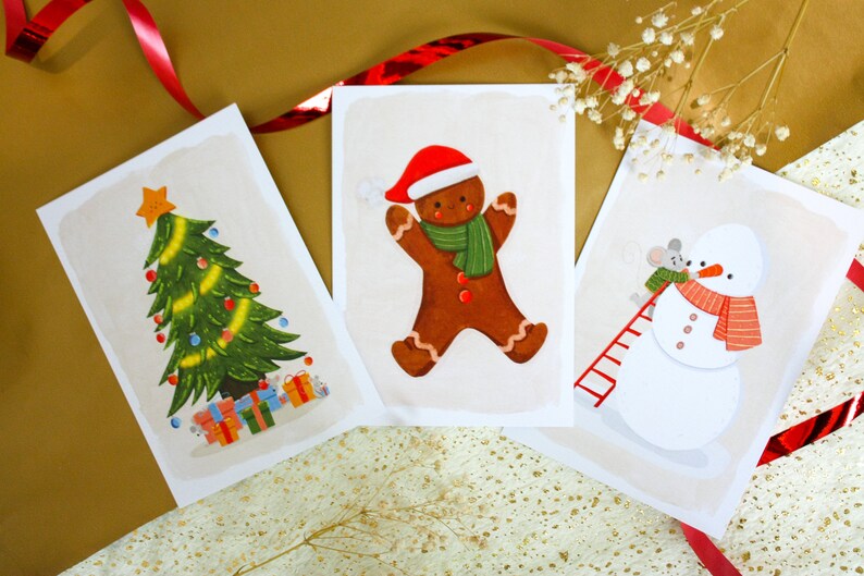 Lot de 3 carte postales Noël A6 Carte de voeux Nouvel An Décoration murale Cadeau Papeterie de noël Impression dart image 1