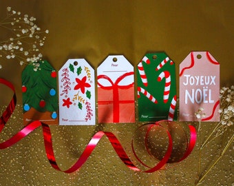 Lot de 5 étiquettes Noël colorées | illustrées et fabriquées en France | en Français | cadeaux | Noël - illustration - Gift Tags | papeterie