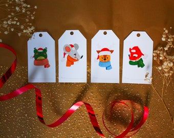 Lot de 4 étiquettes Noël animaux | illustrées et fabriquées en France | en Français | cadeaux | Noël - illustration - Gift Tags | papeterie