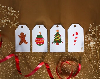 Lot de 4 étiquettes Noël mignon | illustrées et fabriquées en France | en Français | cadeaux | Noël - illustration - Gift Tags | papeterie
