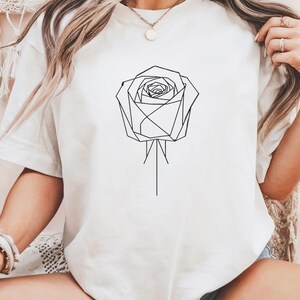 Geometric Rose Line Art T-Shirt: Modern Floral Graphic Tee