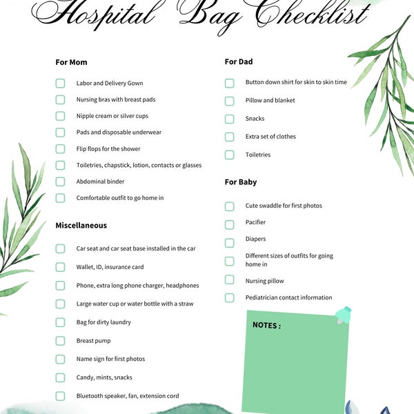 Hospital Bag Checklist | What To Bring To The Hospital | Labor And Delivery Bag | New Baby | Digital Download | Printable