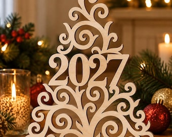 Wooden Christmas Tree 2027 SVG: CNC Laser Cut File, Tabletop Decor (Digital File)