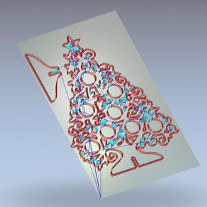May include: A red and blue Christmas tree design with a star on top. The tree has a detailed, openwork pattern with circular and curved elements. The design is on a light gray background.