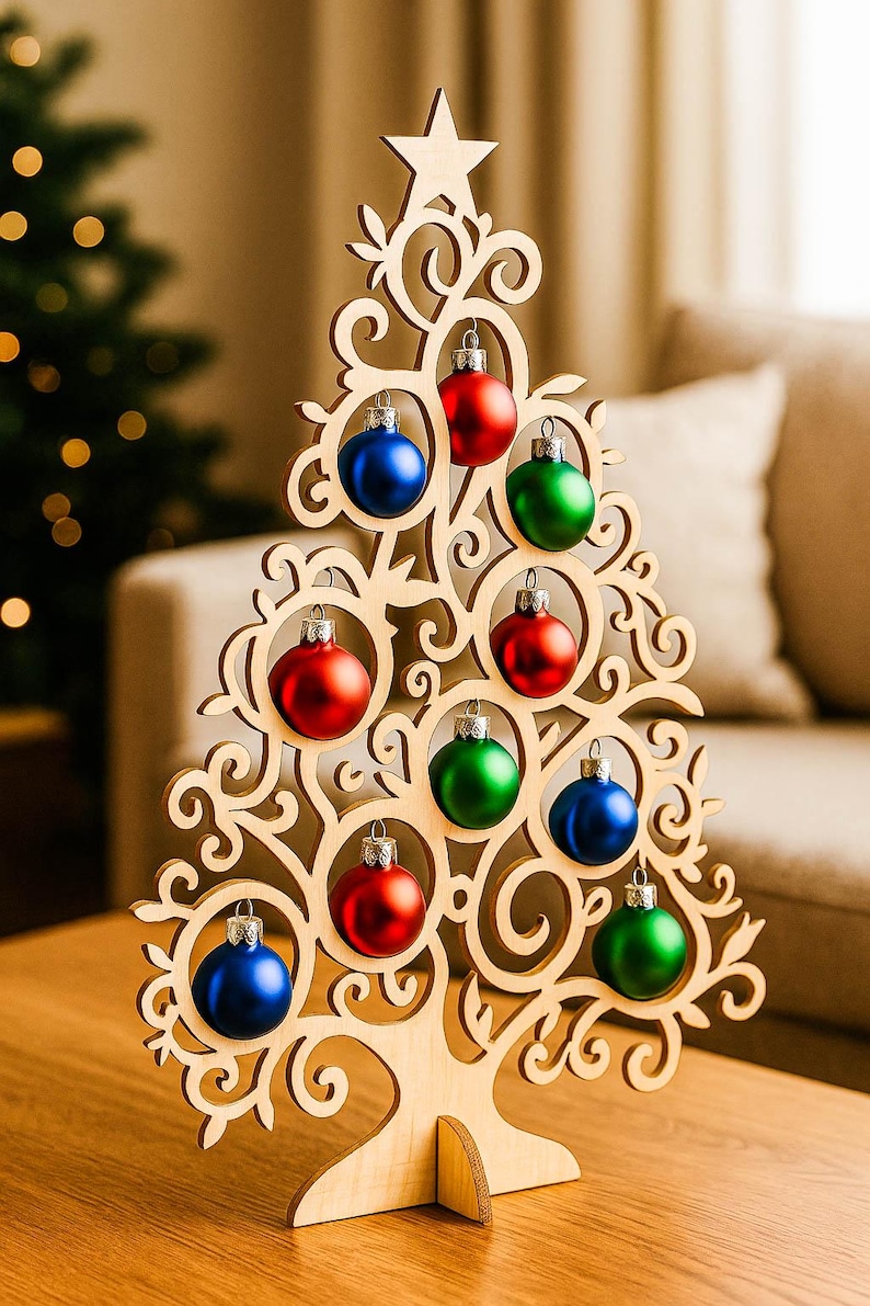 May include: Wooden Christmas tree decoration with a star on top, adorned with red, green, and blue ornaments. The tree has a decorative, openwork design and stands on a wooden table. A festive holiday accent.