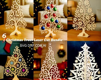 Ensemble SVG d'arbre de Noël en bois, décorations d'hiver, fichiers à téléchargement numérique
