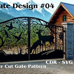 Può includere: Cancello in metallo nero tagliato al laser con un design a tema natura. Il cancello presenta sagome di cervi, uccelli e alberi. Il testo "Gate Design #04" e "Laser Cut Gate Pattern" sono visibili. Lo sfondo mostra una casa e montagne.
