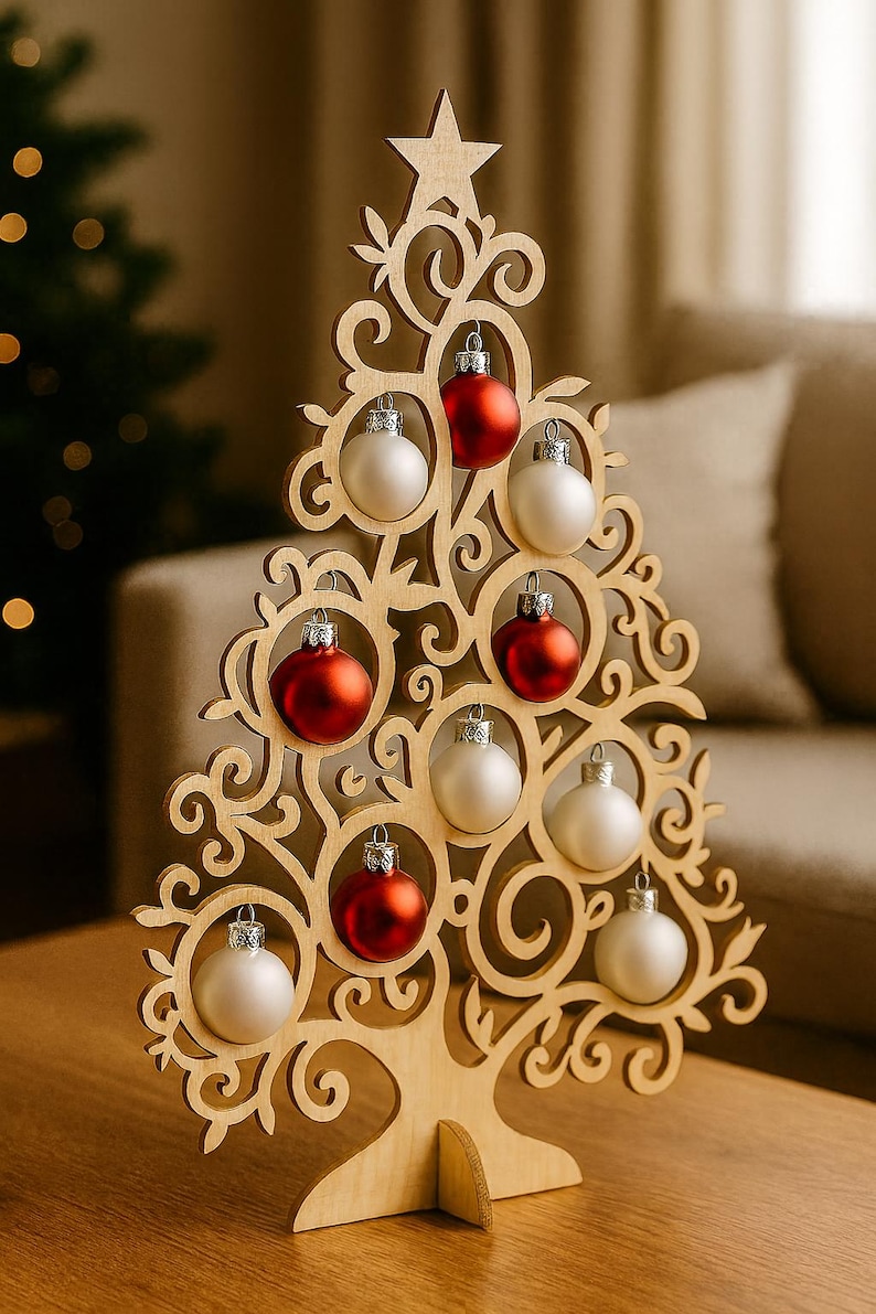 May include: Wooden Christmas tree decoration with a star on top, adorned with red and white ornaments. The tree has a decorative, openwork design and stands on a wooden base. A festive holiday accent.