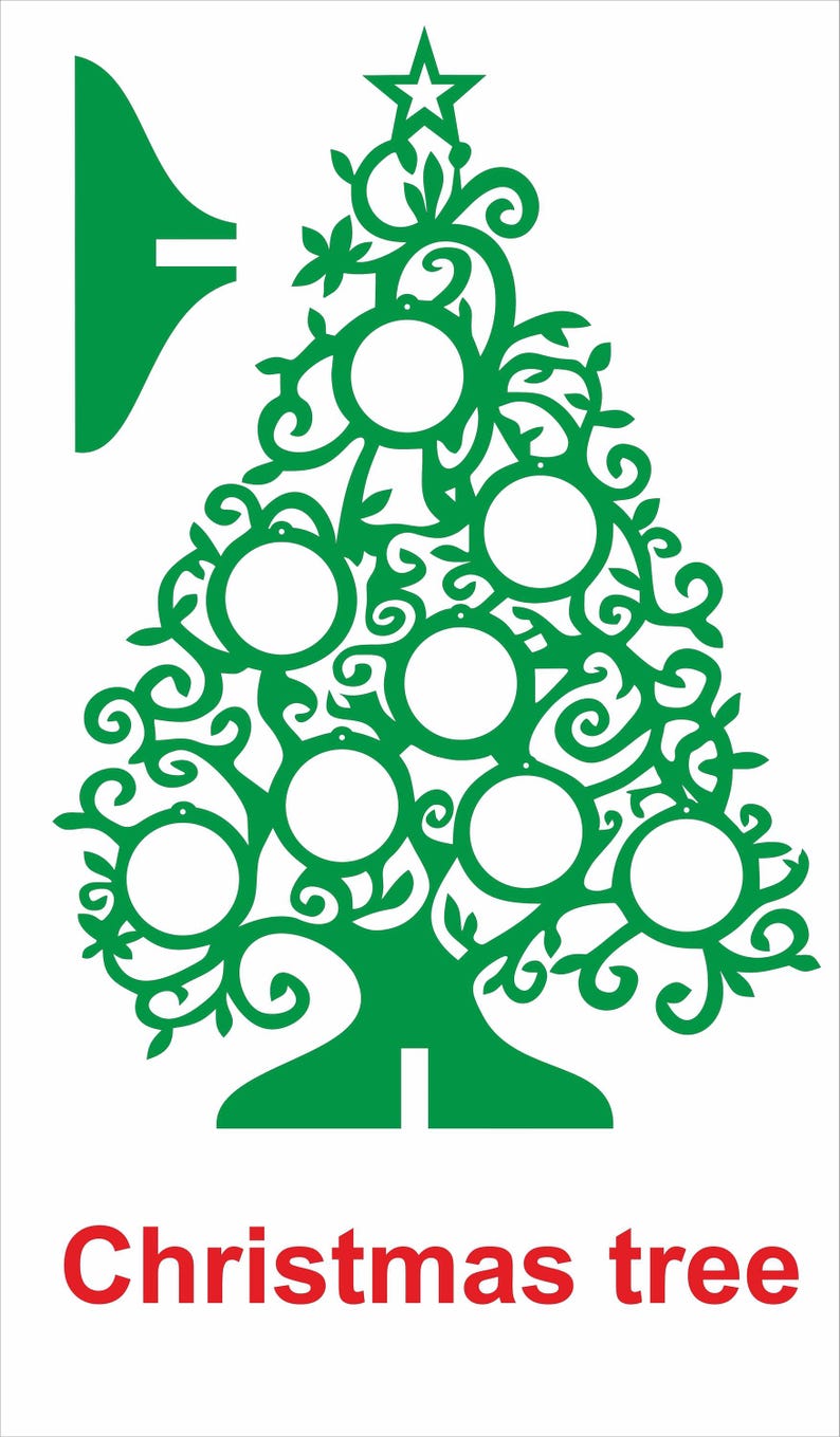 May include: Green Christmas tree-shaped ornament with circular openings for photos or decorations. The tree design features a star at the top and the word "Christmas tree" in red at the bottom. The ornament is on a white background.
