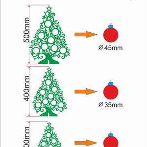 May include: Diagram showing green Christmas tree designs with varying heights of 300mm, 400mm, and 500mm. Each tree has holes for red ornaments, with corresponding sizes of 25mm, 35mm, and 45mm. Text reads: "When scaling the tree design, the holes for the balls will resize accordingly."