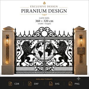 May include: A black metal gate featuring two lions flanking a globe design, set between two stone pillars with lanterns. Text reads: EXCLUSIVE DESIGN PIRANIUM DESIGN, GATE SIZE: 360 x 320 cm, LAGUNA, AVAILABLE FORMATS CDR, DXF, SVG, PNG.
