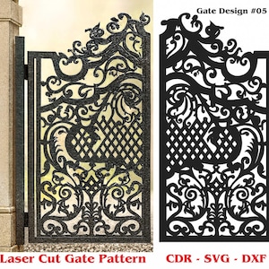 May include: A black laser-cut gate pattern with intricate scrollwork and a diamond-shaped lattice design. The image includes a full gate and a design sample, with the text "Laser Cut Gate Pattern" and "Gate Design #05".