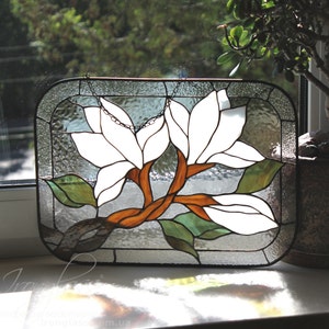 Magnolia Stained glass  flower window panel glass window hanging Stained Home  Stained glass suncatcher home decoration Stain glass decor