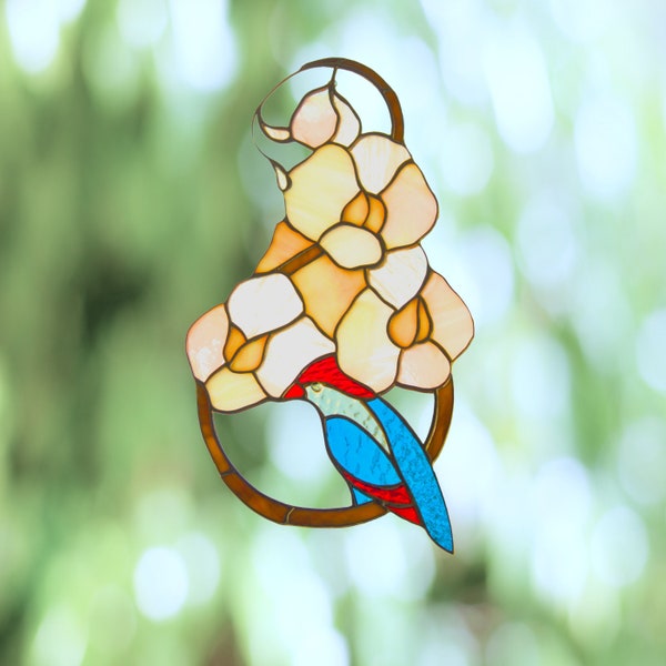 Oiseau sur un suncatcher d’orchidée Vitrail orchidée et perroquet Décor de fleurs Tentures de fenêtres Décor de fenêtres Panneau de fenêtres Vitraux personnalisés