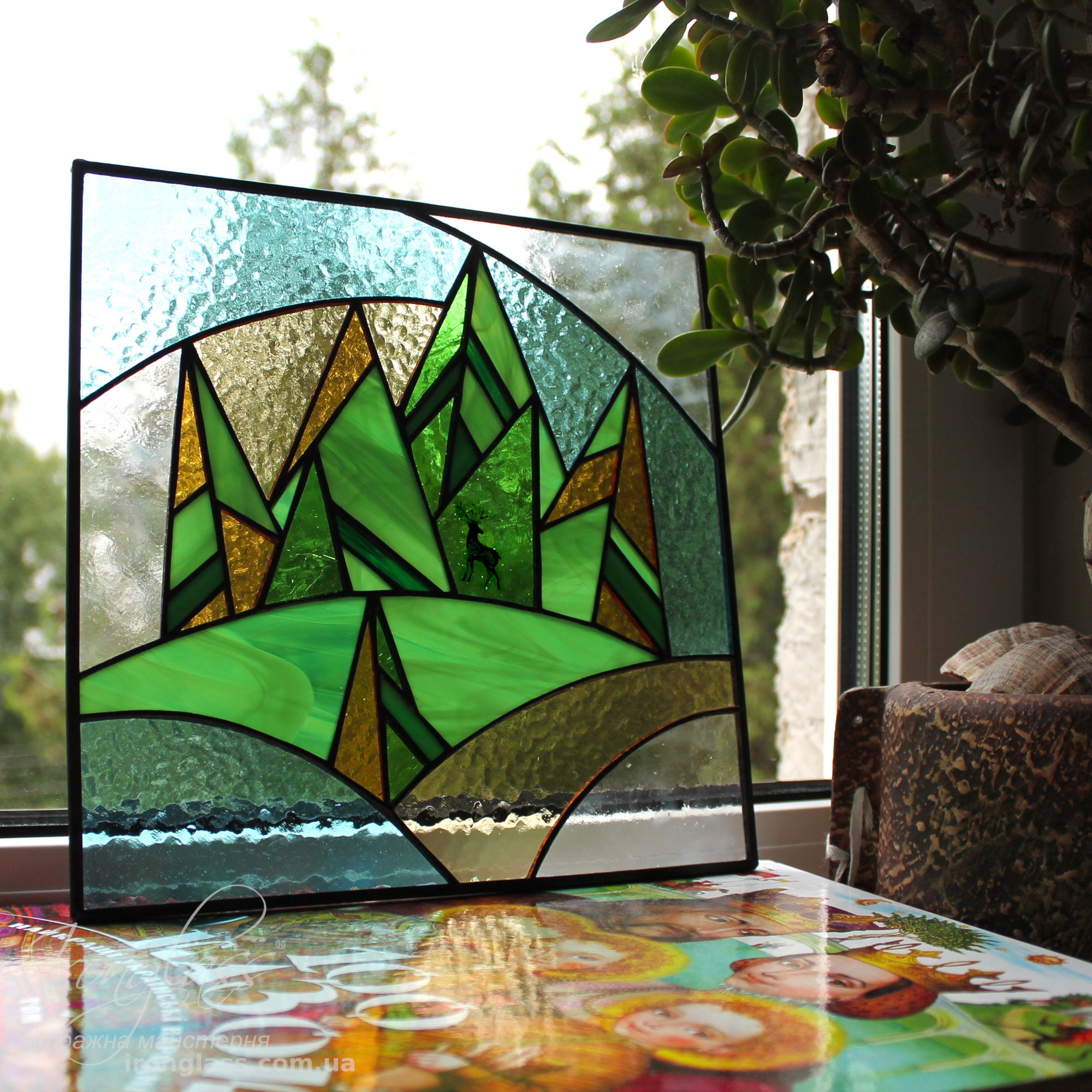 Mountain Suncatcher Nature Pattern Stained Glass Panel Forest Etsy