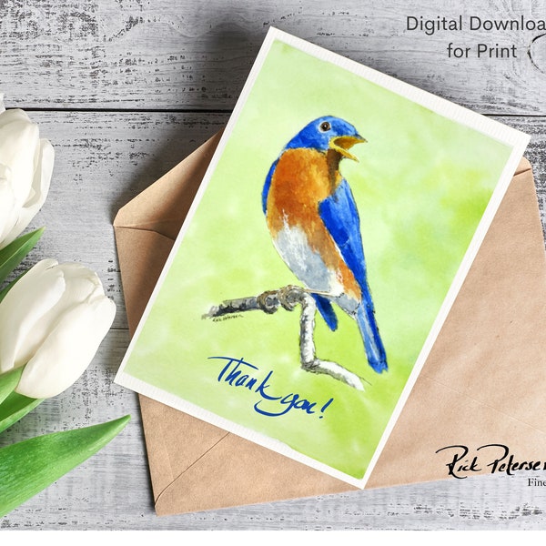 Bluebird Inspirational Download, Fine Art Ink and Wash, Bible Verse, 1 Thess 5:18, Christian Printables, Print at Home Thank You Card