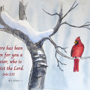 Cardinal de Noël des neiges en téléchargement numérique, carte de voeux oiseau Cardinal scène de neige d'hiver, verset de la Bible Luc 2:11 art mural, lavage de ligne Fine Art