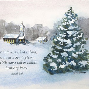 Affiche d'art neige église de Noël, art mural forêt enneigée, carte de Noël verset biblique Ésaïe 9:6, téléchargement numérique champ hiver paisible