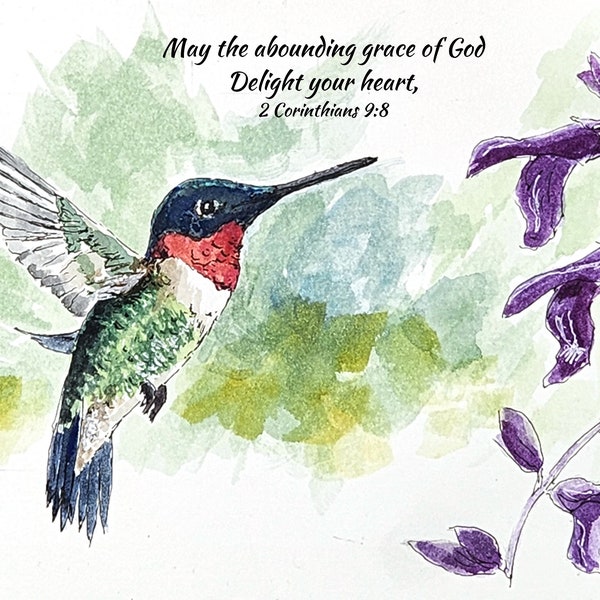 Hummingbird Choices Inspirational Download for Print 2 Corinthians 9:8 Bible Verse Original Artwork Poster Spring Summer Greeting Card