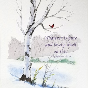 Birch and Cardinal Digital Download, Winter Snow Scene Cardinal Bird Greeting Card, Bible Verse Philippians 4:8 Wall Art, Line Wash Fine Art