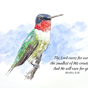 Puede incluir: Pintura acuarela de un colibrí posado en una rama con un fondo de cielo azul. La pintura incluye el texto "El Señor cuida incluso de las más pequeñas de sus criaturas, y Él cuidará de ti. Mateo 6:26".