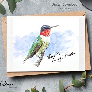 Scarica Hummingbird Inspirational, inchiostro e lavaggio per belle arti, versetto della Bibbia, 1 Tess 5:18, materiale stampabile cristiano, biglietto di auguri da stampare a casa