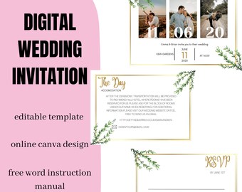May include: Digital wedding invitation template with photos, date, and RSVP details. The design includes gold frames, greenery, and the text "Digital Wedding Invitation, editable template, online canva design, free word instruction manual."