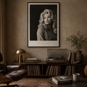 May include: A black and white framed portrait print of Dolly Parton hanging on a wall. The print features a photograph of the artist with the text DOLLY PARTON - TENNESSEE printed in a clean, sans-serif font at the bottom of the white border.