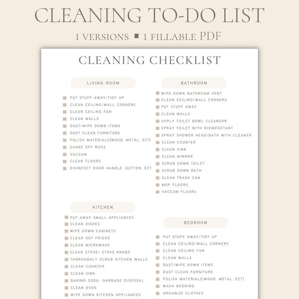 Cleaning To-Do List, Spring Cleaning Checklist to keep the house clean,OCD house cleaning list by room,cleaning for clean freaks list, A4/A5