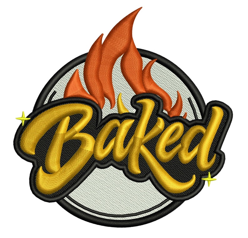 May include: A black and gold embroidered patch with the word "Baked" in a stylized font. The patch features a flame design in orange and yellow.