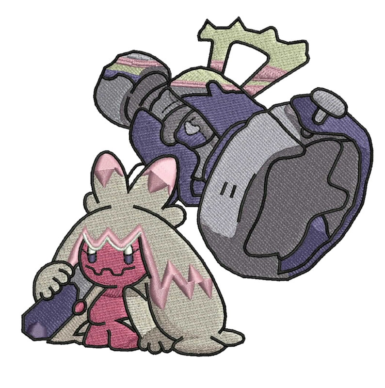 May include: A pink and beige Pokemon character with large ears and a pink face holding a purple and gray weapon. The weapon is a large, mechanical device with a gray and purple body and a yellow and pink top.