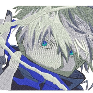 May include: A close-up of an anime character with white hair and blue eyes. The character is wearing a dark blue jacket with a white and blue design. The character is holding a white and blue object in their right hand.
