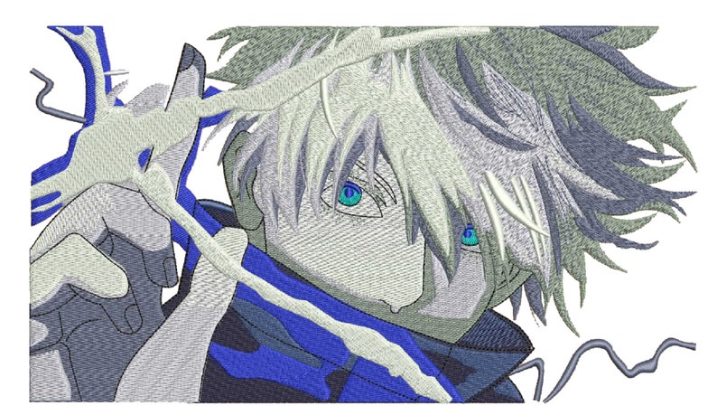 May include: A close-up of an anime character with white hair and blue eyes. The character is wearing a dark blue jacket with a white and blue design. The character is holding a white and blue object in their right hand.