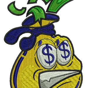 May include: A yellow money bag with a blue bandana and green dollar bills sticking out of the top. The bag has dollar signs for eyes and a wide, toothy grin.