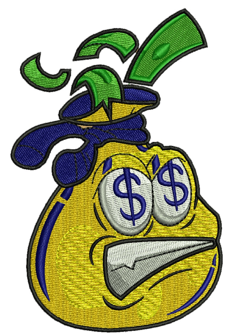 May include: A yellow money bag with a blue bandana and green dollar bills sticking out of the top. The bag has dollar signs for eyes and a wide, toothy grin.