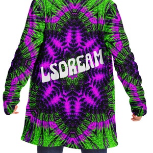 May include: A long-sleeved shirt with a psychedelic pattern in shades of green, pink, and black. The shirt features the text "LSDREAM" in white letters.